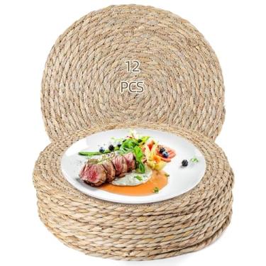 Imagem de Conjunto de 12 jogos americanos redondos de 30 cm, tapetes de grama resistentes ao calor, jogo americano de vime estilo fazenda para jantar e cozinha