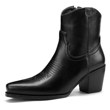 Imagem de Botas femininas ocidentais com zíper lateral, salto bloco de 6 cm, bico fino bordado para uso casual e concerto, Preto, 36