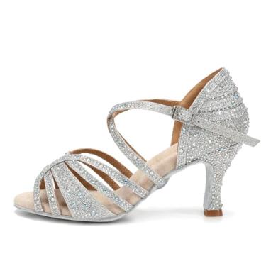 Imagem de HROYL Tênis feminino de dança de salão com strass YCL356, Salto de 7,6 cm prata-l356, 35