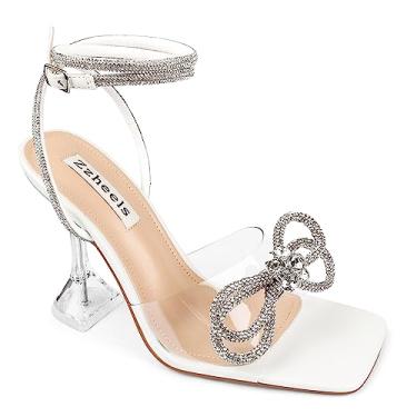 Imagem de Zzheels Sandálias de cristal com laço duplo transparente, salto alto, bico quadrado, para festa de casamento, 3 74 branco, 6.5 UK