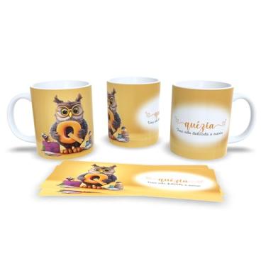 Imagem de Caneca Personalizada com Coruja e Letra A, Porcelana, Design Educacional, Uma Vida Dedicada a Ensinar, Listras Pastéis (q)