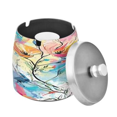 Imagem de Blueangle Cinzeiro com estampa de flores em aquarela com tampa para cigarros, à prova de vento/chuva, aço inoxidável, sem fumaça, inodoro, cinzeiro para uso interno ou externo (128)