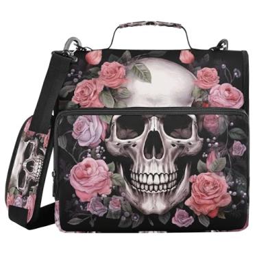 Imagem de SEHANY Fichário com zíper de caveira e flor com alça de ombro, capacidade para 500 folhas, vários bolsos, fichário com 3 anéis e zíper de 3 anéis