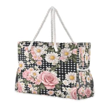 Imagem de ATTX Pink Roses Margaridas Bolsas de Praia para Mulheres - Bolsas de Praia Grandes com Zíper Impermeável À Prova de Areia Saco de Piscina Bolsa Grande #313