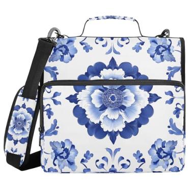 Imagem de SEHANY Fichário azul boêmio com zíper 3 anéis com alça de ombro, vários bolsos expansíveis pasta de arquivo organizador de bolsa