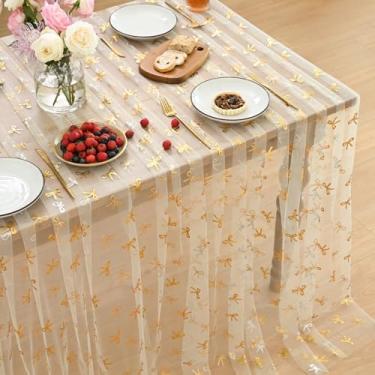 Imagem de Horaldaily Toalha de mesa retangular de gaze de ouro bege 152 x 356 cm, folha metálica dourada com glitter metálico, gaze de tule transparente para festa de casamento e chá de bebê