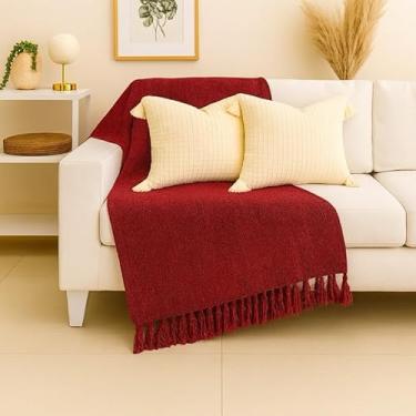 Imagem de Manta Capa para Sofá Gigante XGG 240x180 cm - 100% Algodão, Com Franjas, Proteção e Decoração Luxuosa para Sofá de Casal ou 3 Lugares (Vinho)