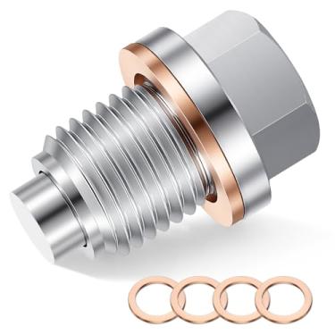 Imagem de GaRhomxy Plugue de drenagem de óleo magnético M12x1,5, parafuso de porca de drenagem de óleo magnético forte de aço inoxidável com arruela de extrusão de cobre de 5 peças para evitar vazamentos