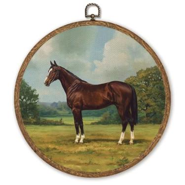 Imagem de Decoração de arte de parede redonda de gato vintage, impressões em tela emolduradas para amantes de gatos, decoração de parede redonda para decoração de sala de estar, 25 x 25 cm (Cavalo verde)