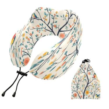 Imagem de CEBUGI Travesseiros de viagem portáteis em forma de U, travesseiro de pescoço de espuma viscoelástica com trava de corda ajustável para avião, viagem, trem, negócios, escritório, cochilo (flor de