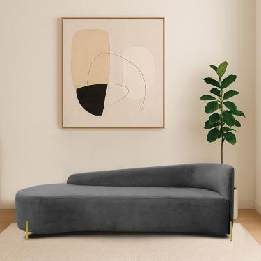 Imagem de Divã Recamier Orgânico França 180cm Lado Esq Pés Metal Dourado Linho Cinza Escuro