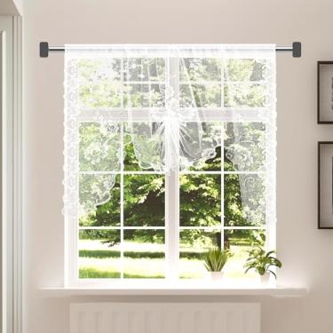 Imagem de WJIAAA Cortina de renda branca, saia de renda floral semitransparente curta com bolso de haste de 6,5 cm para cozinha, meia janela, café, banheiro, sala de estar, 150 x 99 cm (1 painel)