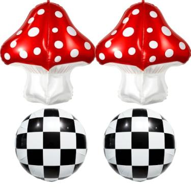 Imagem de Conjunto de balões quadriculados e cogumelos 4D, balões de alumínio de cogumelo vermelho com balões xadrez pretos e brancos para festa Mario/decorações de festa de Alice no País das Maravilhas
