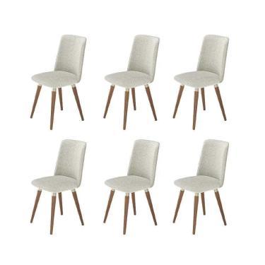 Imagem de Kit de 6 Cadeiras de Madeira Maciça Estofada Dakota - Natural c/ Bouclé Cru e PU Off White - Champanhe