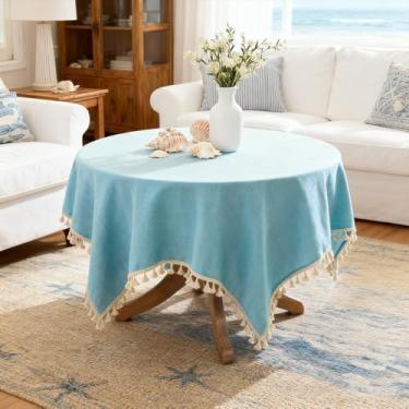 Imagem de Toalha de mesa redonda, acabamento de borla creme, decoração minimalista para mesas pequenas, capa de mesa de café e jantar (azul, 91 cm)