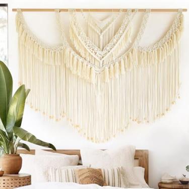 Imagem de Tapeçaria de parede de macramê grande Boho feita à mão corda de algodão trançado decoração de parede para sala de estar, quarto, apartamento, casamento ou festa, pano de fundo 118 cm L x 99 cm C