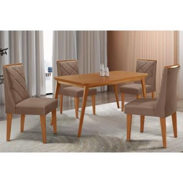 Imagem de Sala Jantar Mesa Havana Tampo Curvo 120cm+4 Cadeiras Pietá Madeira Naturale - Capuccino/Suede Capuccino - Rufato