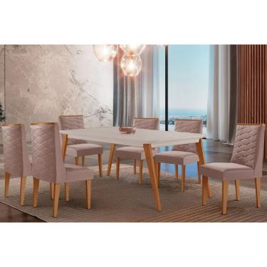 Imagem de Sala Jantar Mesa Havana Tampo c/ Vidro Curvo 180cm+6 Cadeiras Dafne Madeira Naturale/Off White - Capuccino/Linho Capuccino - Rufato