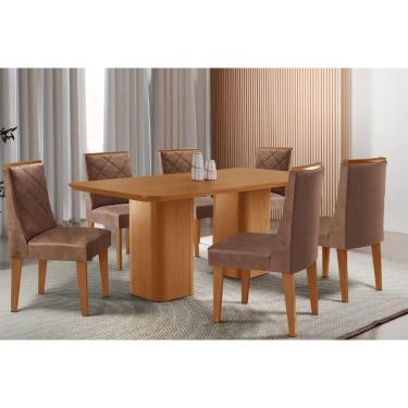 Imagem de Sala Jantar Mesa Maldivas Tampo Curvo 180cm+6 Cadeiras Pietá Madeira Naturale - Capuccino/Corano Capuccino - Rufato