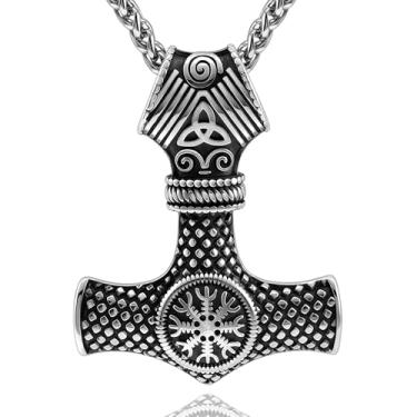 Imagem de Oaldilee Colar de martelo Thor para homens, bússola de martelo de aço inoxidável 18K, ouro, preto, pingente Mjolnir, amuleto poderoso, joia Noridc, presente para amantes vikings, caixa de presente,