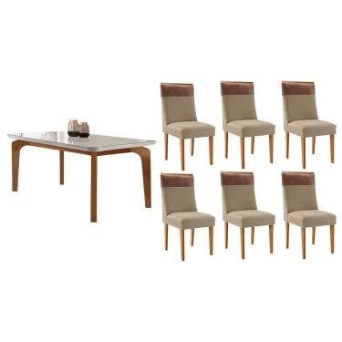 Imagem de Sala Jantar Mesa Londrina Tampo c/ Vidro Curvo 180cm+6 Cadeiras Jaspe Madeira Naturale/Off White - Capuccino/Linho Bege - Rufato