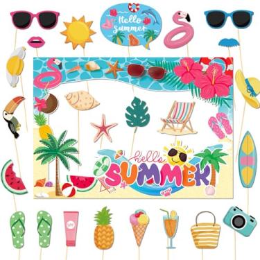 Imagem de Conjunto de 25 peças de adereços para cabine de fotos de verão, decorações de festa na praia com tema tropical