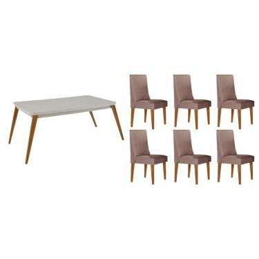Imagem de Sala Jantar Mesa Havana Tampo c/ Vidro Curvo 180cm+6 Cadeiras Dakota Madeira Naturale/Off White - Capuccino/Linho Capuccino - Rufato