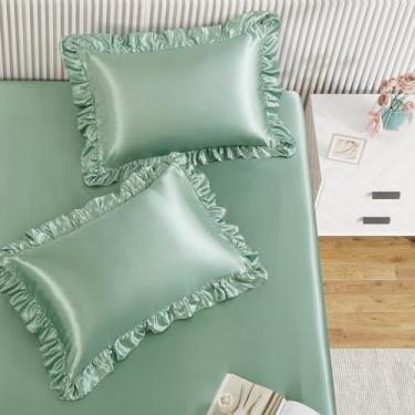 Imagem de Homiest Jogo de lençol com elástico de 3 peças, fronha de cetim de cetim verde sálvia com 2 fronhas com babados, bolso profundo de 38 cm, jogo de cama fofo e coquete de seda para decoração de quarto