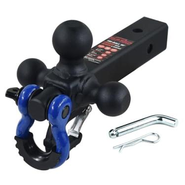 Imagem de TOPTOW Suporte de engate de três esferas para engate de reboque com bolas de engate triplo pretas foscas, 4 cm, 5 cm, 6 cm, multiajuste para receptor de engate de reboque de 5 cm, manilha azul