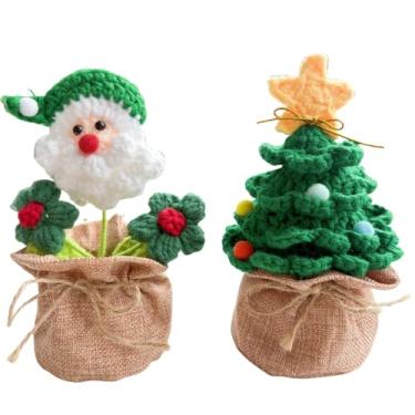 Imagem de H&S BRIDAL Vaso de árvore de Natal de crochê feito à mão, mini conjunto de flores falsas de malha para decoração de casa e mesa, enfeite de painel de carro, para colegas de trabalho, professores