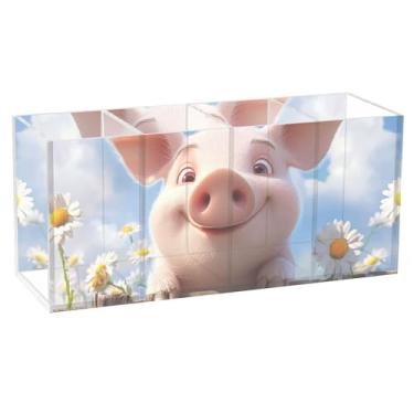 Imagem de TSENQUE Lindo porta-lápis de porco margarida fofo para mesa de acrílico suporte de pincel de maquiagem personalizado copo de caneta, decoração de escritório, acessórios de mesa, 20 cm x 6,3 cm x 9 cm
