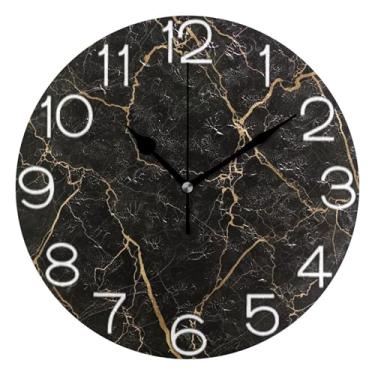 Imagem de Relógio de parede analógico decorativo funky alimentado por bateria para quarto e cozinha, arte de parede boho, decoração de casa, mármore preto clássico, veia dourada, 25 cm, ponteiros dourados