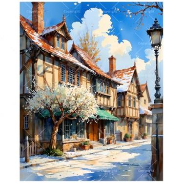 Imagem de Kit de pintura por números Winter Village para adultos – Pintura em tela de casas de madeira e ruas com neve faça você mesmo, conjunto de tinta acrílica, adequado para iniciantes, arte para decoração