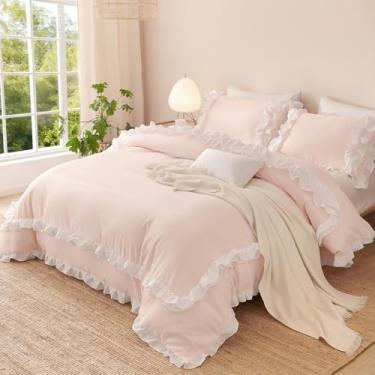 Imagem de CCoutueChen Conjunto de capa de edredom queen rosa claro com babados, 3 peças, chique, casa de fazenda, 100% microfibra lavada, conjunto de capa de edredom boêmio, vintage, com babados, 2 fronhas (sem