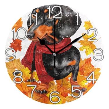 Imagem de GAIGEO Relógio de parede analógico decorativo escritório cozinha relógio divertido alimentado por bateria, decoração de parede de casa de fazenda moderna cachorro preto folhas de outono, 25 cm