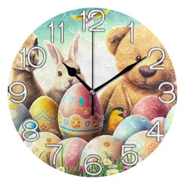Imagem de Relógio de parede analógico decorativo para quarto e cozinha, redondo, sem tique-taque, silencioso, retrô, moderno, art déco, decoração de parede, lindo urso da Páscoa, coelhinho, 25 cm, ponteiros