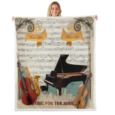 Imagem de Cobertor de violino, nota musical, estampa de piano, cobertor de lã infantil para meninos e meninas, tema de música rock roll, cobertor felpudo vintage, jornal antigo, hippie, para cadeira/sofá, 127