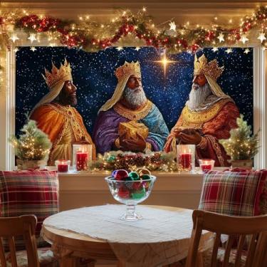 Imagem de HOMETITUTE Three Kings Gift Offering Window Clings 100 x 43 centímetros Decalques de janela noite estrelada estática real feriado painel de vidro para decoração de exibição sazonal de igreja doméstica