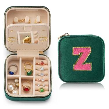 Imagem de HKDSGF Caixa de joias de viagem de veludo personalizada para mulheres, anel, colar, brinco, organizador com espelho, caixa verde para meninas, presentes de aniversário, mãe, letra Z