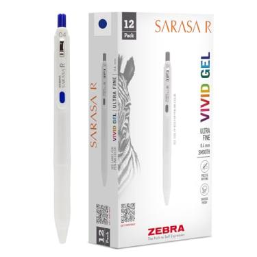 Imagem de Zebra Pen Caneta de gel retrátil Sarasa R, ponta extrafina, 0,4 mm, material escolar e diário, aderência de borracha, clipe para fichário, tinta azul resistente à água, pacote com 12 (47720)