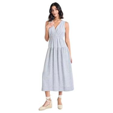 Imagem de The Good Journey Vestido midi rodado sem mangas com decote em V em camadas para convidados de casamento e férias de verão, Cinza, G
