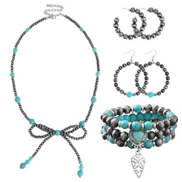 Imagem de Colar de pérolas Navajo, colares de joias de pérolas Navajo para mulheres, pingente de laço vintage Boho com contas para vaqueira, colar longo em camadas de prata feito à mão, acessórios, Standard