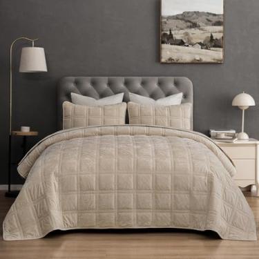 Imagem de PHF Conjunto de colcha de veludo ultramacio tamanho solteiro – 2 peças de edredom acolchoado luxuoso e aconchegante com padrão de diamante, colcha acolchoada quente, 172,7 cm x 233,6 cm, Oxford Tan