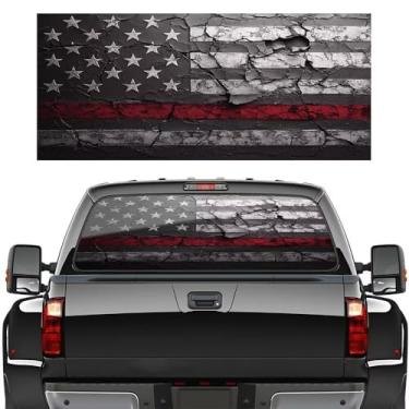 Imagem de Decalque de janela traseira de caminhão, decalques de bandeira americana preto e branco para caminhão, carro, SUV, janela traseira de captação, decoração patriótica gráfica perfurada, adesivo de vinil