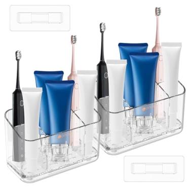Imagem de Suporte de escova de dentes, 2 peças, prateleira de banheiro autoadesiva, sem perfuração, organizador de pasta de dente montado na parede, sem perfuração, suporte de chuveiro de plástico para banheiro
