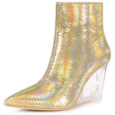 Imagem de Allegra K Botas femininas com estampa de pele de cobra, bico fino, salto transparente, Cobra dourada, 35
