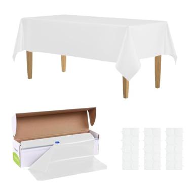 Imagem de KAshack Rolo de toalha de mesa de plástico, capa de mesa com caixa de corte deslizante conveniente - toalhas de mesa brancas descartáveis para churrasco, festa, aniversário, casamento, uso ao ar livre