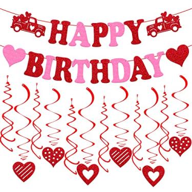 Imagem de Conjunto de decorações de aniversário de dia dos namorados, faixa de feliz aniversário com espirais de coração para tema romântico feliz dia dos namorados suprimentos de festa de aniversário