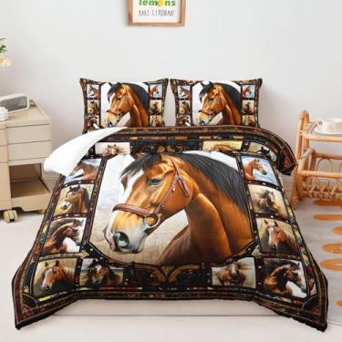 Imagem de AILONEN Conjunto de edredom com estampa de cavalo, tamanho Queen, conjunto de cama com tema de cavalo marrom, para crianças, adolescentes e adultos, colcha de microfibra macia com 2 fronhas, 3 peças