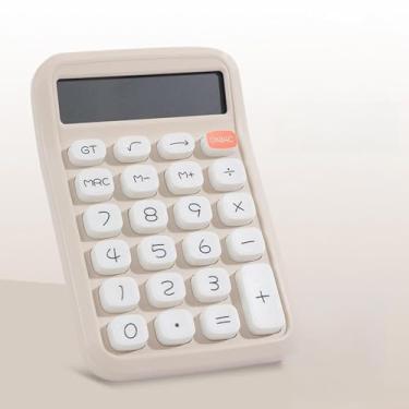 Imagem de Calculadora fofa Tela LCD grande de 12 dígitos Botão redondo grande Calculadora colorida de doces adequada para escritório, escola, casa para crianças, estudantes, contador (Bege)